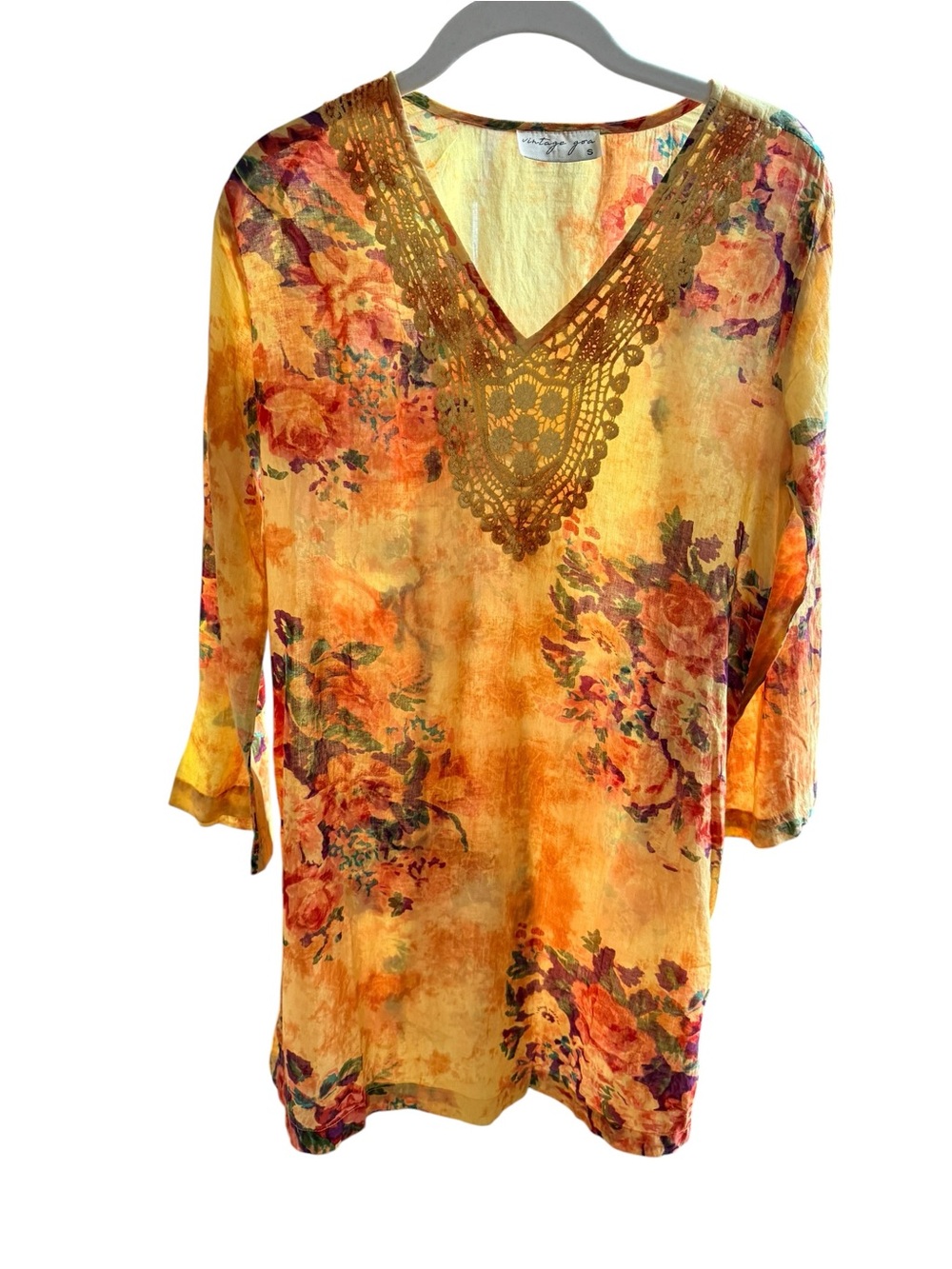 Vintage Goa Yellow Floral Crochet V-Neck Tunic
